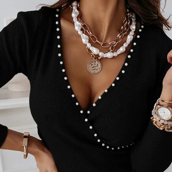 2/$40 Black Pearl Trim Wrap Top Elegant V-Neck Long Sleeve Fall Winter Stylish L - Picture 7 of 7